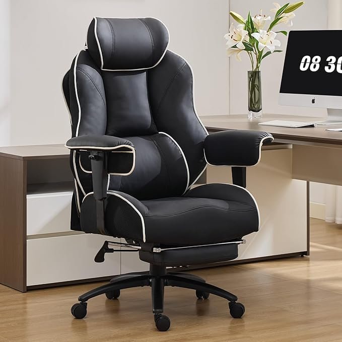 DJ·Wang Big and Tall Office Chair with Foot Rest, High Back Executive Office Chair PU Leather, Ergonomic Chairs with Lumbar Support, 135° Reclining Chairs Black