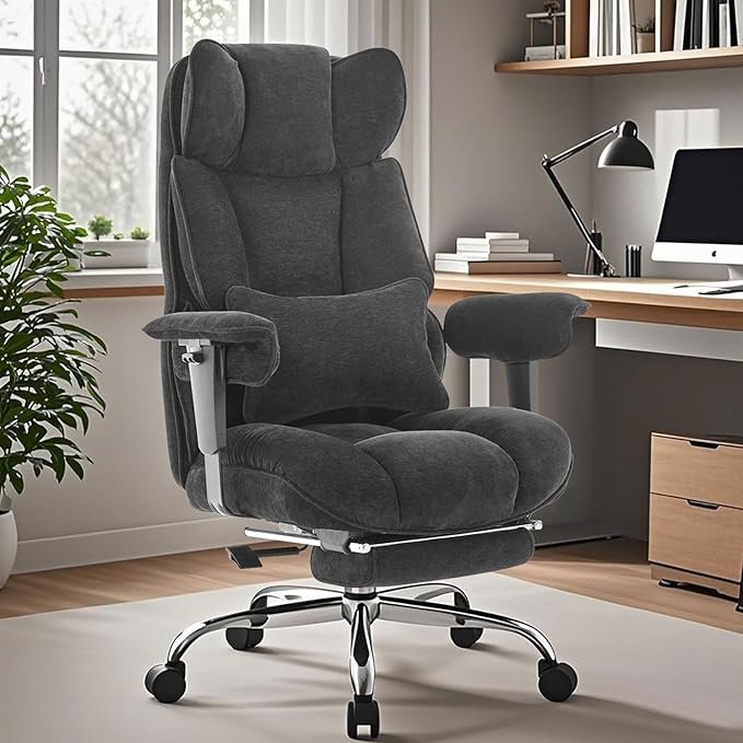 Efomao Big and Tall Office Chair, Executive Office Chair with Foot Rest, Ergonomic Fabric Computer Chair for Back Pain Relief, Black Gaming Chair