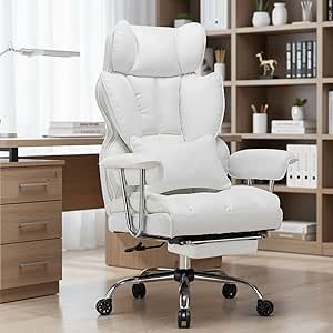 Efomao Desk Office Chair 400LBS, Big High Back PU Leather Computer Chair, Executive Office Chair with Leg Rest and Lumbar Support, White Office Chair